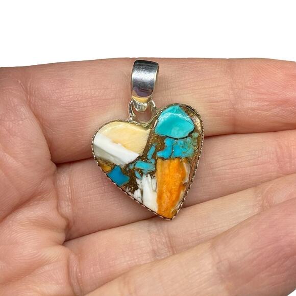 Spiny Oyster Kingman Turquoise Heart Shaped Necklace Pendant 925 Sterling Silver - Picture 3 of 6